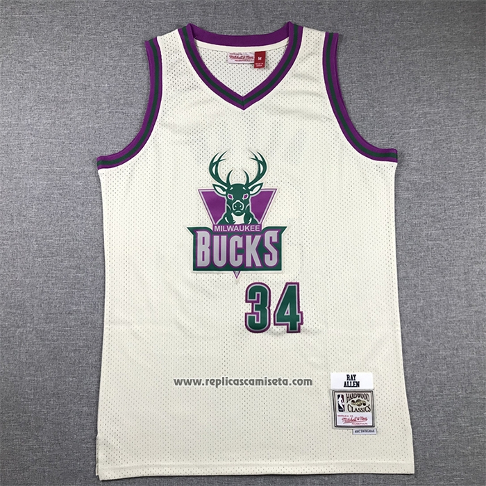 Camiseta Milwaukee Bucks Ray Allen #34 Mitchell & Ness Chainstitch Crema